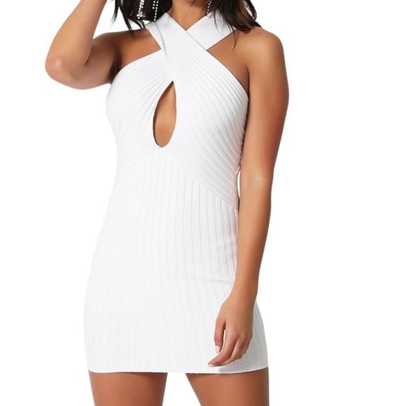 She Is Us Ribbed Crossover Strap Keyhole Mini Dress White Size XS NWT - Picture 1 of 5